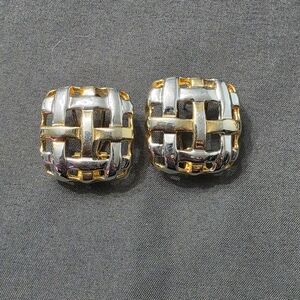 Estate - Gold/Silver Tone - Basket Weave Earrings - Omega Backs - Item 512
